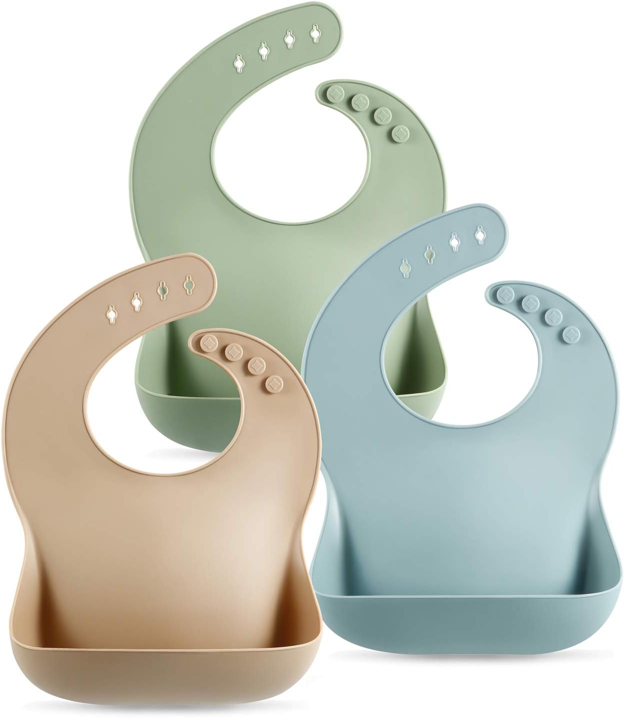 PandaEar Set of 3 Silicone Baby Bibs Waterproof, Soft, Unisex, 10-72 Months (Brown/Blue/Green)