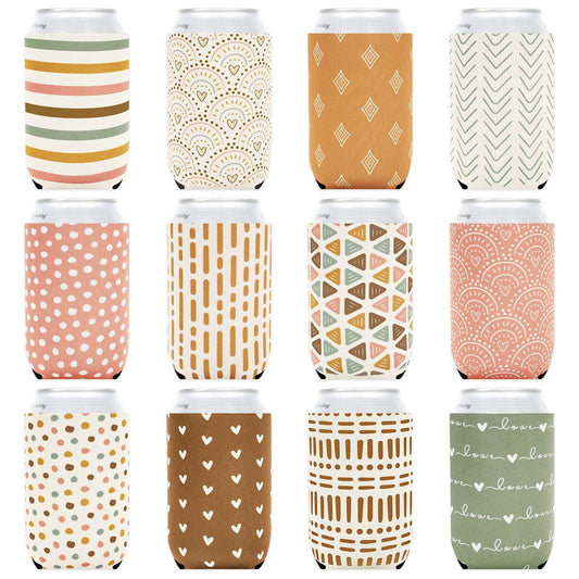 Whaline 12Pcs Beer Can Sleeves 12oz Boho Themed Can Cooler Covers Neoprene Insulated Beer Caddies Reusable Thermocoolers for Beverages Cans Bottles Decor Party Favors