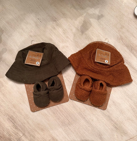 Bucket Hat/bootie set (brown fleece or olive corduroy) 0-6m