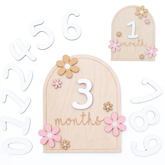 Baby Monthly Milestone Cards - Wooden Monthly Milestone Discs - Newborn Photography Props to Document Your Baby´s Growth - Baby Announcement Sign (AA Flower)
