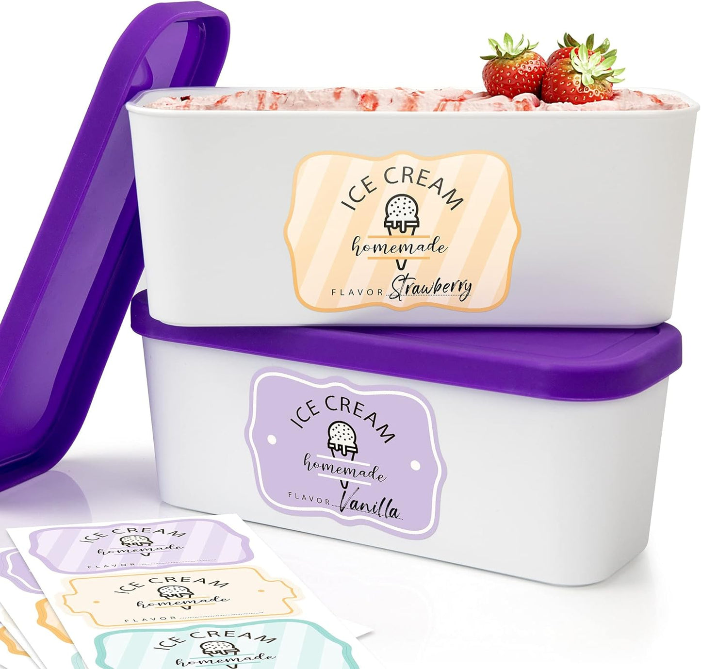 Set of 2 Reusable Ice Cream Tub Containers 1.6 Quart Ea. - Perfect for Homemade Sorbet, Frozen Yogurt Or Gelato - Stackable Storage Containers, Stickers And Lids Stores Easily In Freezer