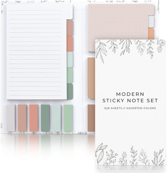 Pastel Sticky Notes Set of 528 with Tabs - Incl. Sturdy Cover to Keep Your Notes