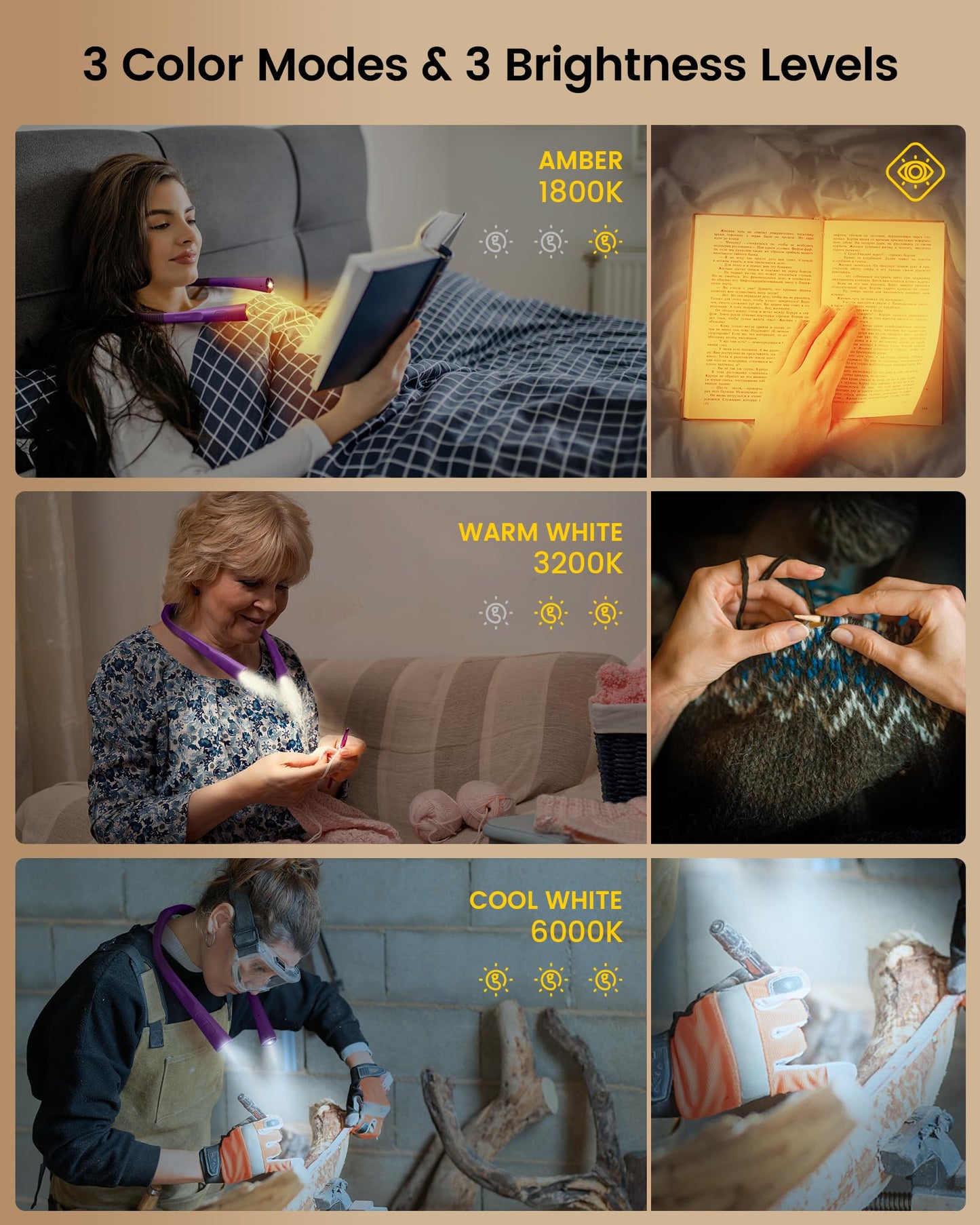 Glocusent LED Neck Reading Light, Book Light for Reading in Bed, 3 Colors, 6 Brightness Levels, Bendable Arms, Rechargeable, Long Lasting, Perfect for Reading, Knitting, Camping, Repairing